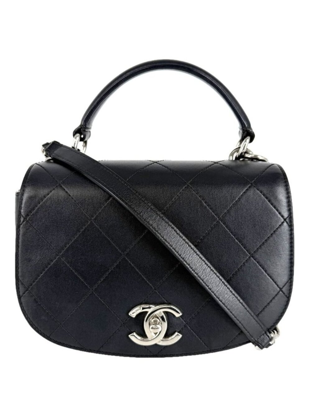 Chanel 2-Way Quilted CC Logo Chain Shoulder Bag Crossbody Leather Black Silver